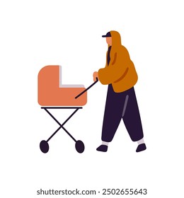 Person pushes stroller. Parent walks child with baby carriage. Mother or father strolls kid in pram. Babysitter goes with buggy for newborn. Flat isolated vector illustration on white background