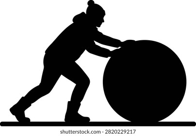 Person pushing ball silhouette, effort, strength, forward motion.