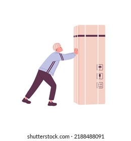 Person pushing big box. Loader during household appliance delivery. Courier worker and huge cardboard pack, moving package with fridge. Flat vector illustration isolated on white background