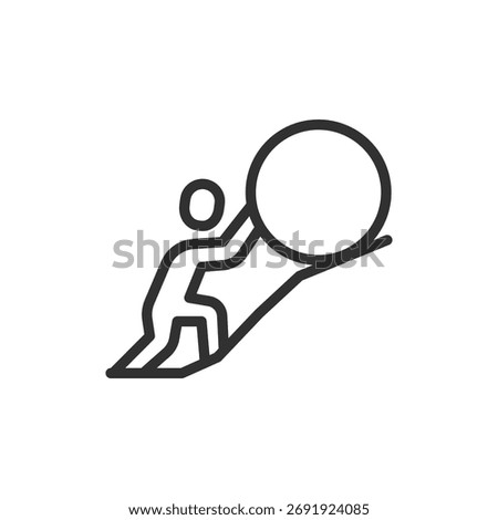Person pushing boulder, linear icon. Hard work and persistence. Line with editable stroke.
