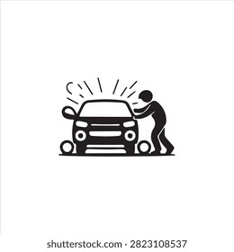 Person pushing a broken down car with hazard lights flashing automobile breakdown