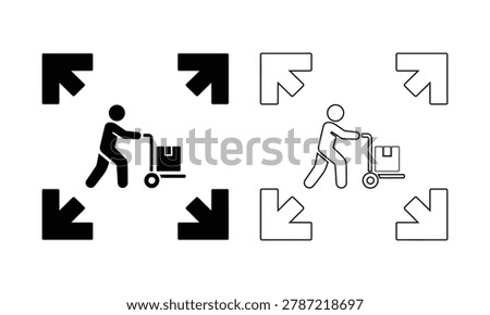 Person pushing cart with box through directional arrows