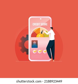 Person Pushing Credit Score Speedometer from Poor to Good, Improving Personal Credit Rating History