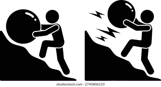 A person pushing a large boulder up a hill and getting struck by lightning while falling down.
