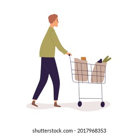 Person pushing shop cart full of bags with groceries. Man walking with shopping trolley. Profile of buyer going with supermarket trolly. Flat vector illustration of shopper isolated on white