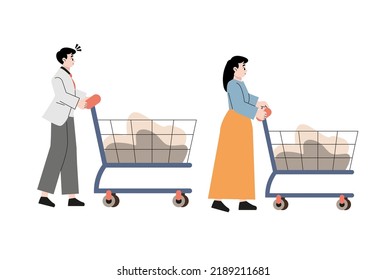 Person pushing shop cart full of bags with groceries. Man and woman walking with shopping trolley. Profile of buyer going with supermarket trolly. Flat vector illustration of shopper isolated on white