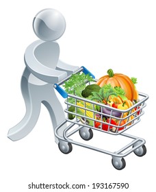 A person pushing a shopping cart or trolley full of vegetables