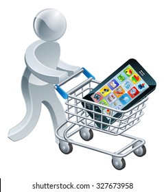 A person pushing a shopping cart or trolley with a large mobile cell phone in it