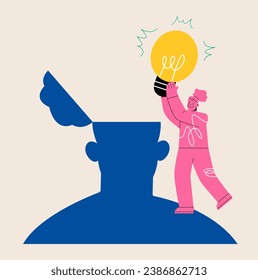 Person put lightbulb in man head help find solution to problem. Sharing ideas and experiences, brainstorming, creative. Colorful vector illustration 


