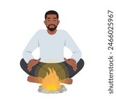 Person put on fire his hands for having heat from fire to warm up his body and warm surroundings. Flat vector illustration isolated on white background