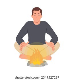 Person put on fire his hands for having heat from fire to warm up his body and warm surroundings. Man and sitting by bonfire putting logs and getting warmth. Camping and traveling. Flat vector illustr