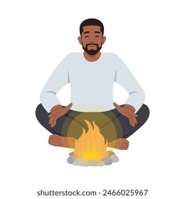 Person put on fire his hands for having heat from fire to warm up his body and warm surroundings. Flat vector illustration isolated on white background