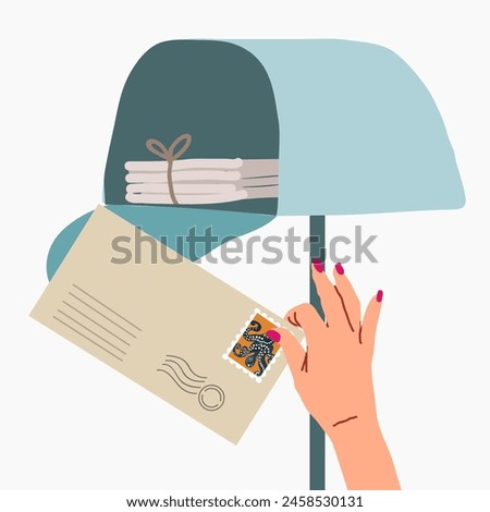 A person puts an envelope in the mailbox or picks it up from the mailbox. Vector illustration hand drawing isolated on white background.