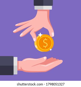 the person puts his hand in the outstretched palm. remuneration to the employee. flat vector illustration.