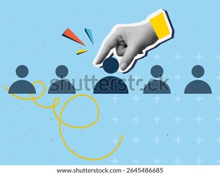 A person puts one icon of a person in a row. Concept of hiring staff and building a team. Modern collage style. Vector illustration