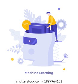 Person putting books and lightbulb inside giant robot's head. Concept of supervised machine learning algorithm, artificial intelligence, training data. Modern flat vector illustration for banner.