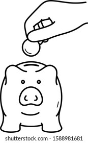 Person putting coin into piggy bank. Vector outline icon.