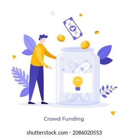 Person putting dollar coins and bills into jar with light bulb. Concept of crowd funding, fundraising, venture investment, financing innovative technology. Modern flat vector illustration for banner.