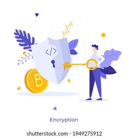 Person putting key into keyhole on shield protecting golden Bitcoin. Concept of encryption, encoding digital currency data, cryptocurrency security and protection. Modern flat vector illustration.