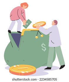 Person putting money in wallet. Man and woman holding golden coin and dollar bill. Savings, financial investment economic literacy. Personal fund budget, income and corporate growth. Bank deposit