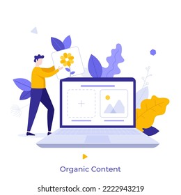Person putting picture or image on laptop computer screen. Concept of organic content, making free or unpaid post on social media, promotional marketing strategy. Flat vector illustration for banner.
