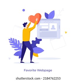 Person putting red heart on browser window. Concept of bookmarking favorite website, popular webpage, Internet user online preference. Modern flat colorful vector illustration for poster, banner.