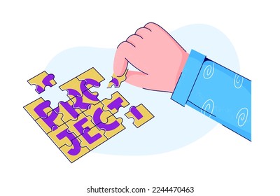 Person putting together jigsaw puzzle elements. Project planning, time management concept. Build and complete project by small pieces. Effective Job process.