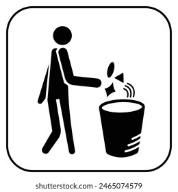 Persona poniendo basura en la basura icono de la basura icono ilustración aislado en el fondo blanco cuadrado. Dibujo de dibujos animados plano simple estilo dibujo para carteles.