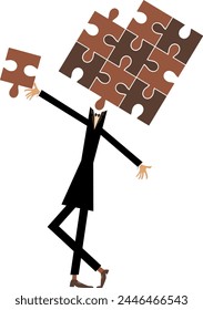 Person with puzzle instead head concept. 
Person with puzzle instead head pushing puzzle piece and connecting idea. Isolated on white background
