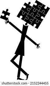 Person with puzzle instead head concept.Person with puzzle instead head pushing puzzle piece and connecting idea. Black on white background
