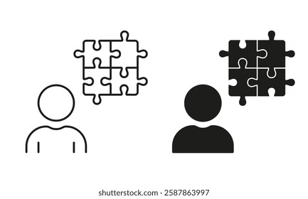 Person with Puzzle Matching Line and Silhouette Icon Set. Business Cooperation, Brainstorming Pictogram. Editable Stroke. Isolated Vector Illustration.