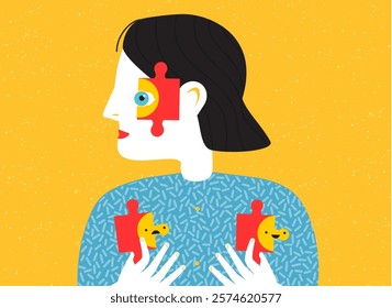 Person with puzzle pieces and happy and sad emoticon. Mental health concept. Abstract vector illustration for people mood and state of mind