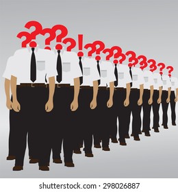 The person with a question mark and an exclamation mark. Choice of the person from the crowd for hiring. Recruitment, selection. Question-Answer. Vector illustration.