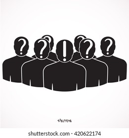 The person with a question mark and an exclamation mark. Choice of the person from the crowd for hiring. Recruitment, selection. Smart man, the leader among the other employees. 