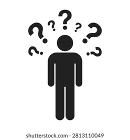 A person with question marks around their head looking confused thinking problem solving concept