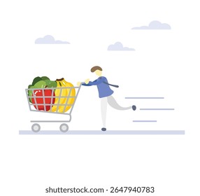 uma pessoa rapidamente empurrando um carrinho de compras cheio de mantimentos, provavelmente representando o ato de fazer compras de mantimentos. uma viagem rápida ao supermercado. Uma pessoa empurra um carrinho contendo frutas