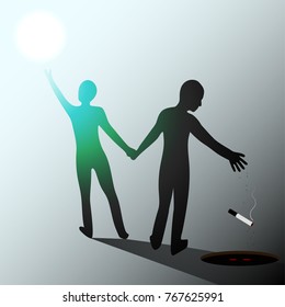 A Person Quits Smoking With The Help Of Another Person. The Cigarette Falls Into The Trap Door. Vector Illustration.