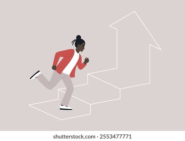 A person races up a set of stylized stairs, embodying ambition and drive, The upward arrow symbolizes growth and achievement in life's endeavors.