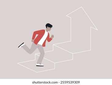 A person races up a set of stylized stairs, embodying ambition and drive, The upward arrow symbolizes growth and achievement in life's endeavors.
