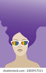 Person with rainbow colored sunglasses and purple long hair. Illustration for pride month or LGBTQ poster background.