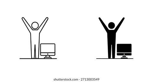 Persona con los brazos levantados junto a un icono del monitor de la computadora, aislado en