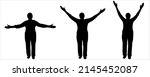 The person raises both hands up: hands to the sides, hands up. An older woman slowly raises her hands up. Three human poses for arm movement animation. Black female silhouettes are isolated on a white
