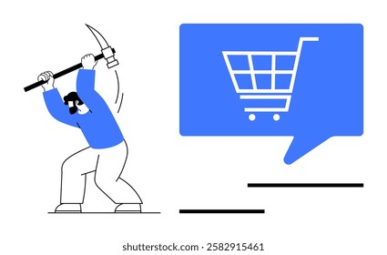 Person raising hammer towards shopping cart symbol inside speech bubble. Ideal for e-commerce, online shopping, consumerism, digital transactions, website development, marketing strategies, data