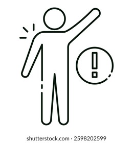 Person raising a hand with an exclamation mark representing awareness, attention to detail, and problem recognition, editable stroke