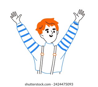 Person raising hands with smile linear. Cute boy with orange hairs. Positivity and optimism. Good feelings and facial expressions. Simple flat vector illustration isolated on white background