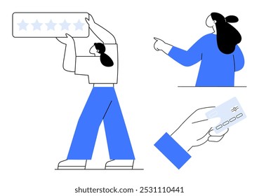 Person raising a star rating, pointing in a direction, and holding a credit card. Ideal for customer feedback, online reviews, financial services, ecommerce, digital transactions. Simple, clean style