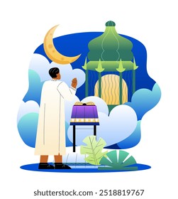 Person with ramadan. Man in traditional east asian standing near of mosque. Islamic and arabic culture and traditions, religion and belief, faith. Poster or banner. Flat vector illustration