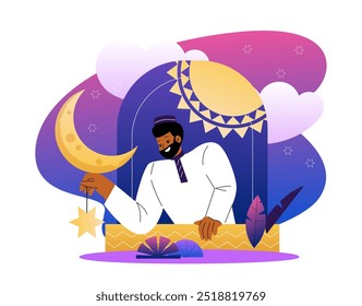 Persona con ramadán. Hombre con ropa tradicional de Asia Oriental sentado contra el telón de fondo de la mezquita. Cultura y tradiciones islámicas y árabes, religión y creencias, fe. Ilustración vectorial plana