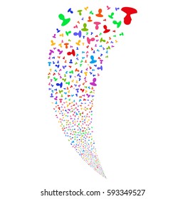 Person random fireworks stream. Vector illustration style is flat bright multicolored iconic symbols on a white background. Object fountain made from scattered pictographs.