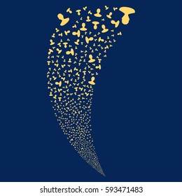 Person random fireworks stream. Vector illustration style is flat yellow iconic symbols on a blue background. Object fountain constructed from scattered icons.